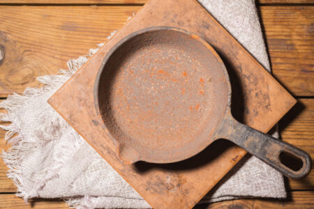 old empty cast iron pan. rusty dishes